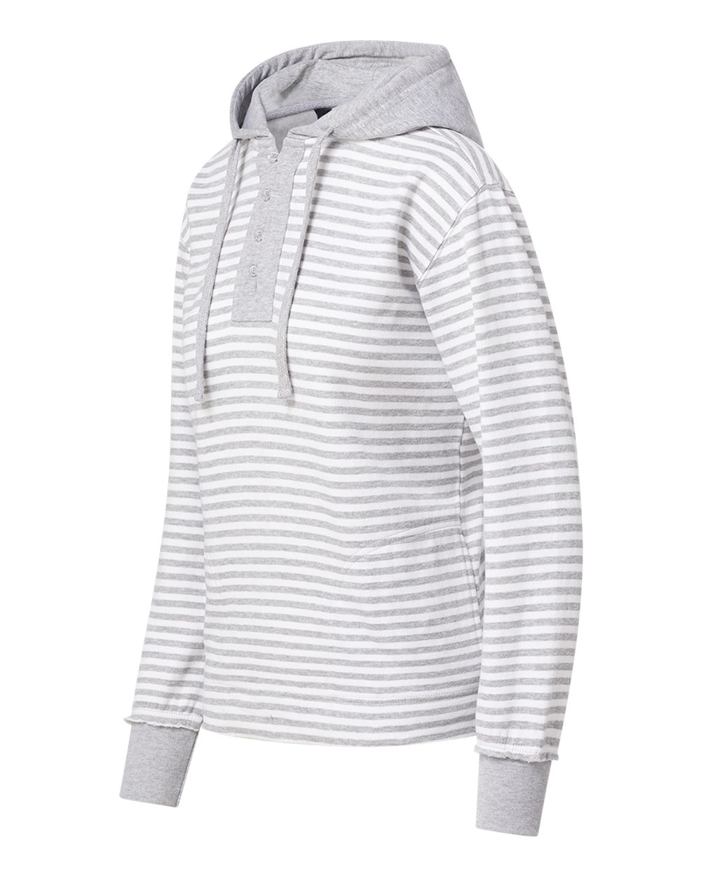 Left View of Heather Grey/ White Stripe Women&#39;s Alina Henley Hooded Sweatshirt - W24128