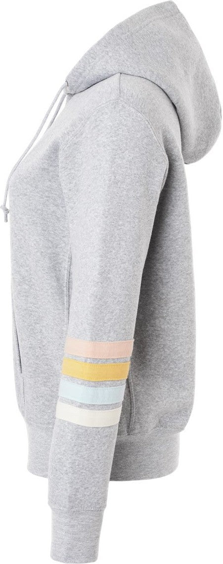 Left View of Heather Grey Women&#39;s Striped Sleeves Full-Zip Hooded Sweatshirt - W22732