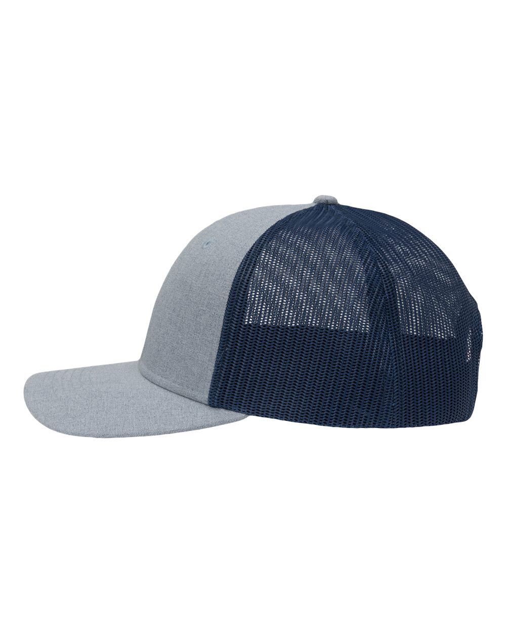 Left View of Ice Blue Heather/ Navy Modern Six-Panel Trucker Fit Cap - SP1650