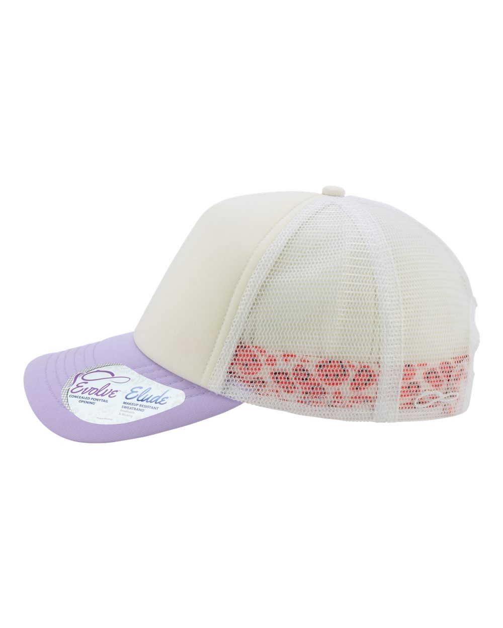 Left View of Ivory/ Lavender/ White/ Smiley Women&#39;s Foam Trucker Cap - ROSIE