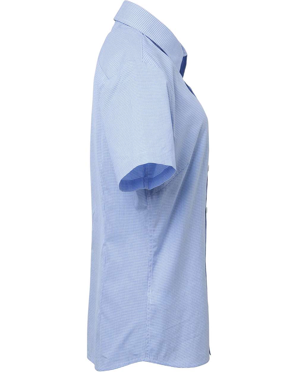 Rear View of Light Blue/ White Women's Microcheck Gingham Short Sleeve Cotton Dress Shirt - RP321