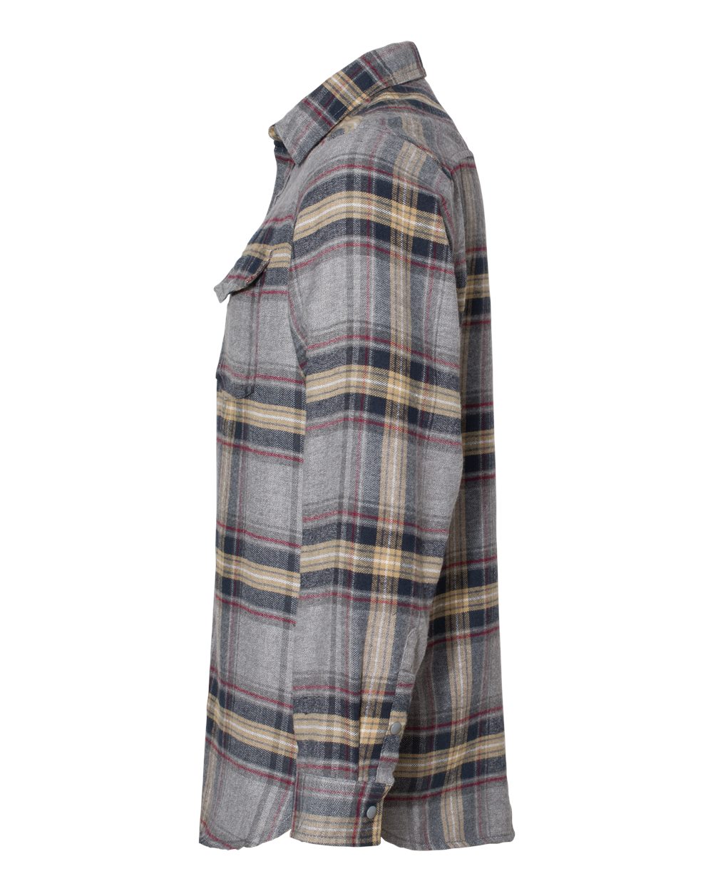 Left View of Light Grey Snap Front Plaid Flannel Shirt - 8219