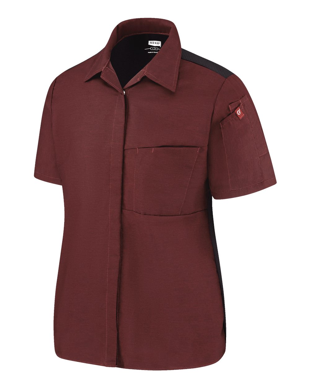 Left View of Merlot Heather/ Black Women&#39;s Poplin Airflow Cook Shirt with OilBlok - 501W