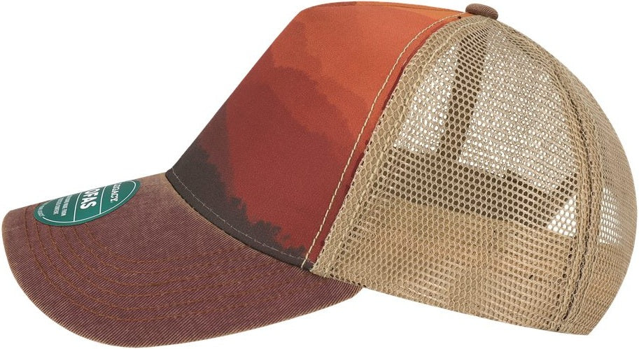Left View of Mt Sunset/ Maroon/ Khaki Old Favorite Five-Panel Trucker Cap - OFAFP