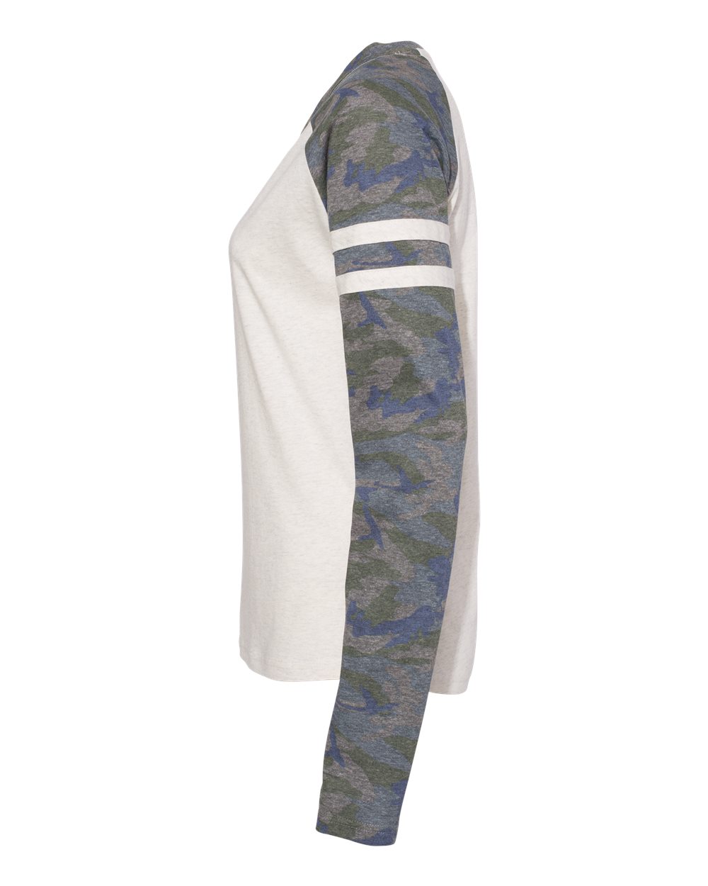 Left View of Natural Heather/ Vintage Camo/ Natural Heather Women's Fine Jersey Mash Up Long Sleeve T-Shirt - 3534