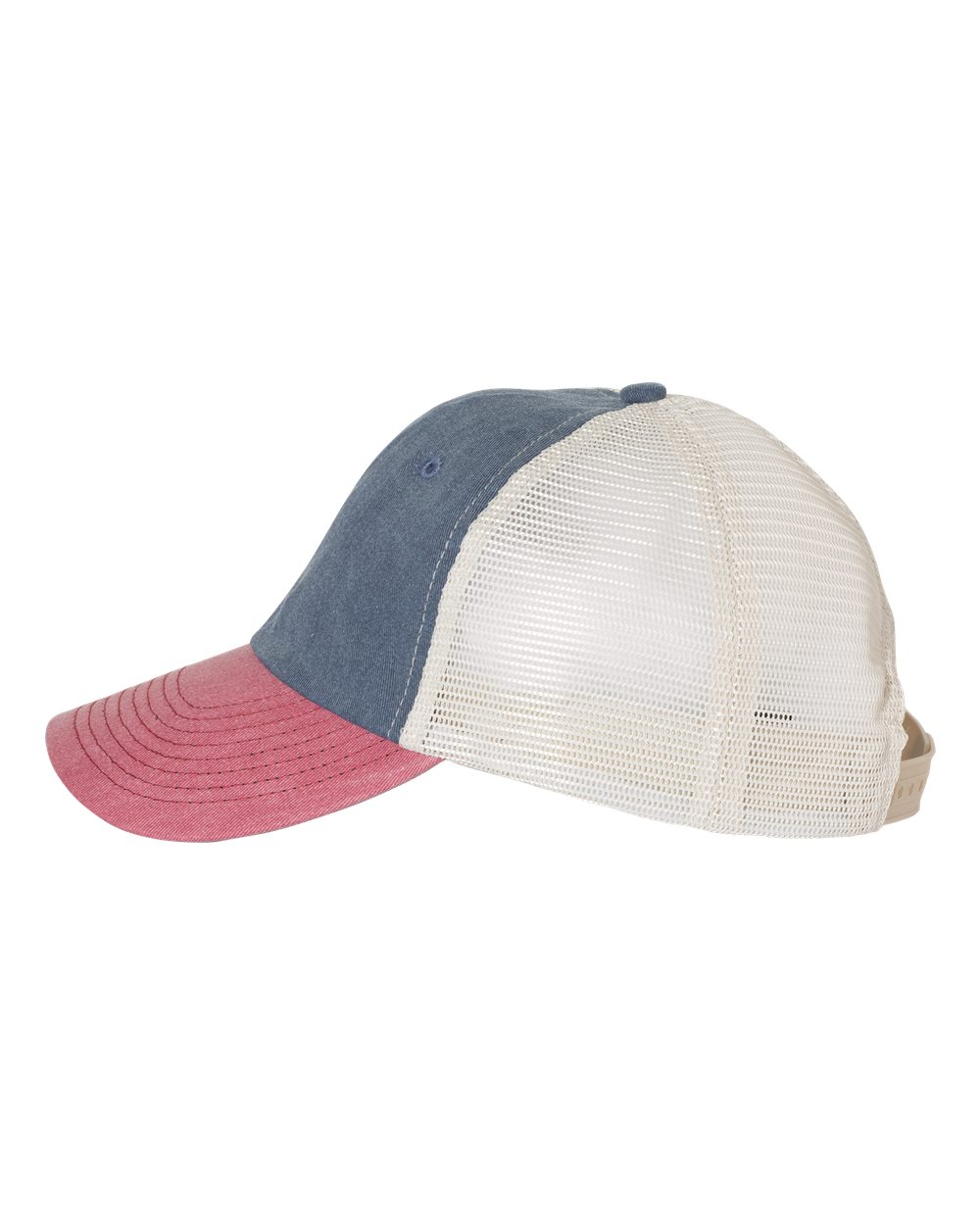 Left View of Navy/ Cardinal/ Stone Pigment-Dyed Trucker Cap - SP510