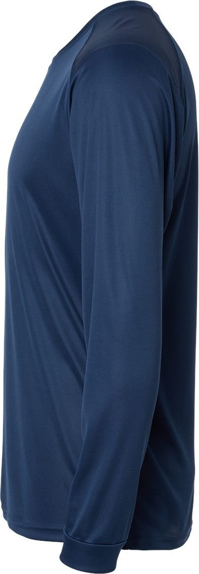 Left View of Navy Long Islander Performance Long Sleeve T-Shirt - 210