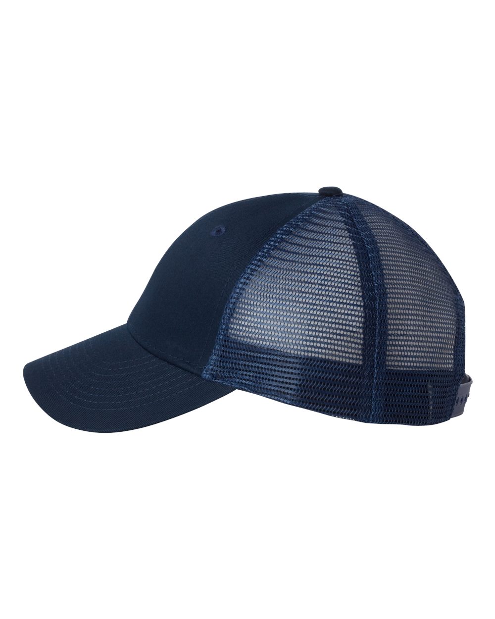 Left View of Navy Mesh-Back Twill Trucker Cap - VC400