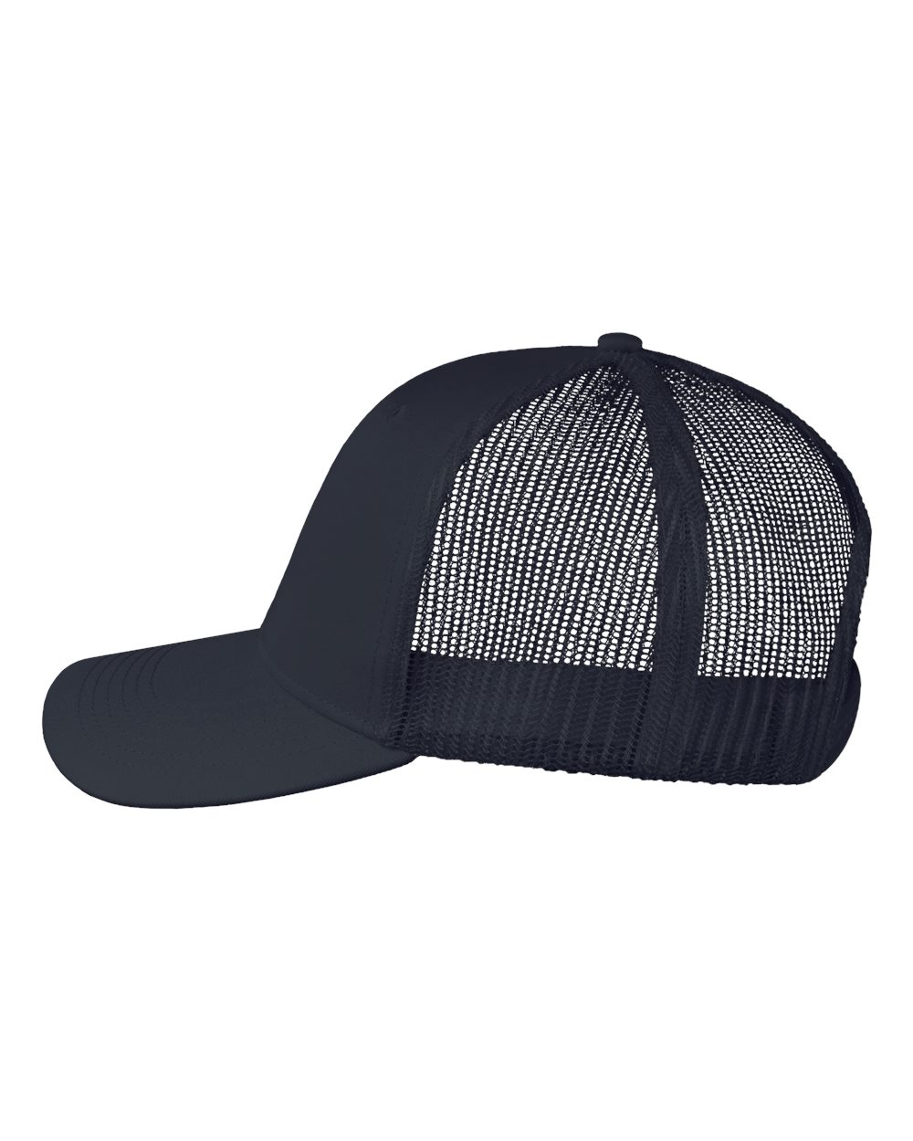 Left View of Navy Poly Twill Trucker Cap - VC955