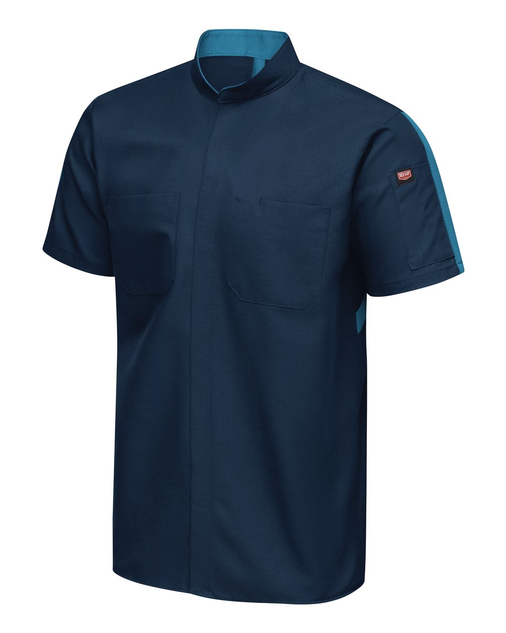 Left View of Navy/ Teal Mimix™ Pro+ Short Sleeve Work Shirt With OilBlok - Tall Sizes - SX46T