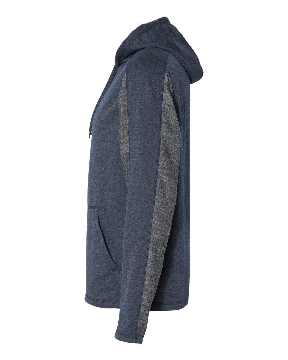 Left View of Navy Triblend Omega Stretch Hooded Pullover - 8435