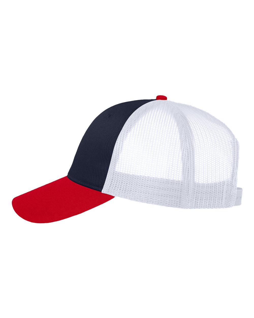 Left View of Navy/ White/ Red Mesh-Back Twill Trucker Cap - VC400