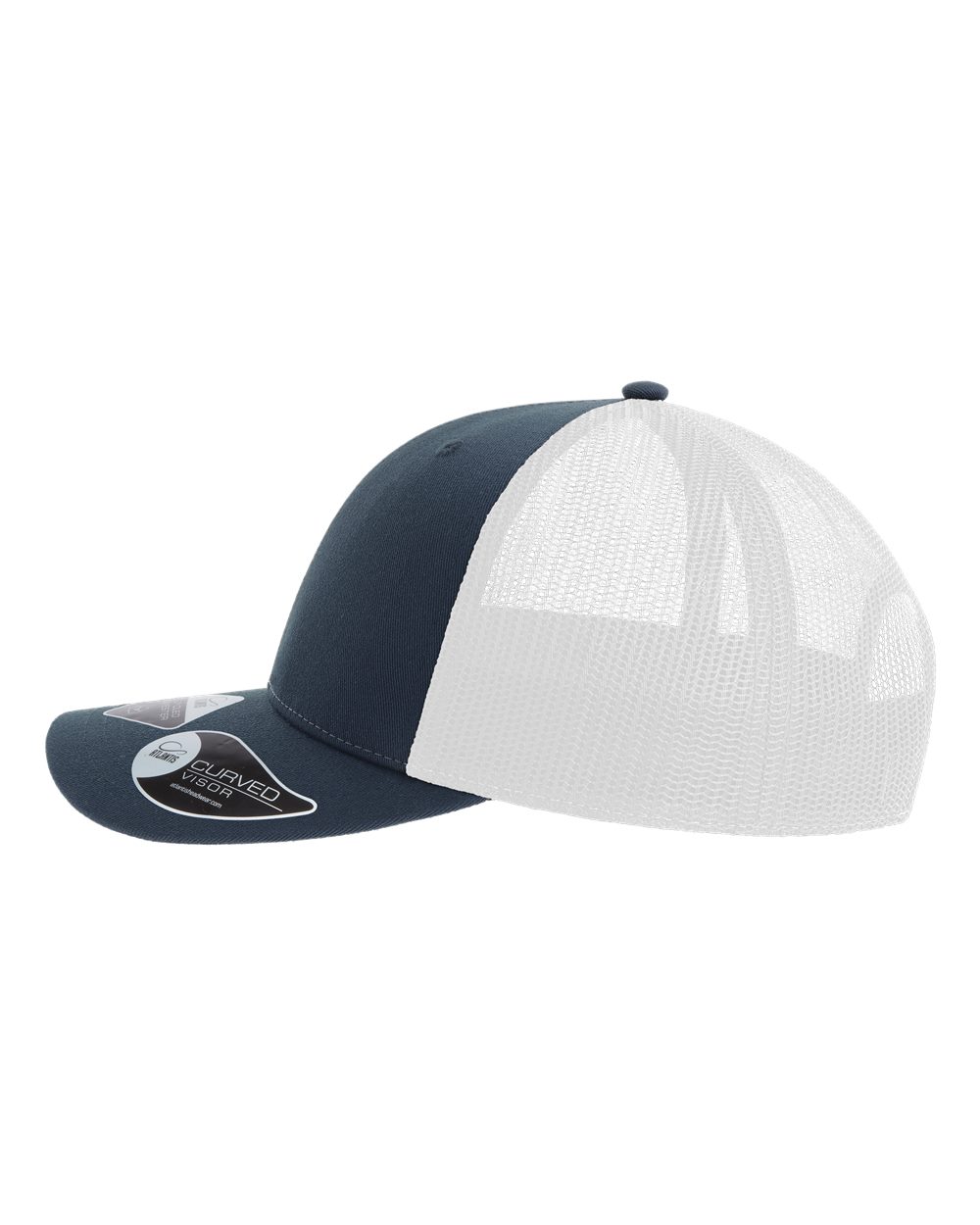 Left View of Navy/ White Sustainable Five-Panel Trucker Cap - ZION