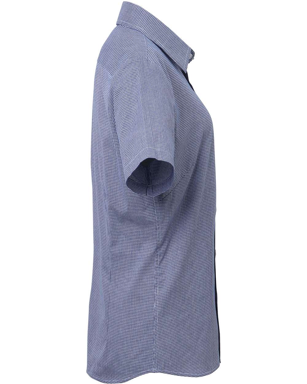 Rear View of Navy/ White Women's Microcheck Gingham Short Sleeve Cotton Dress Shirt - RP321