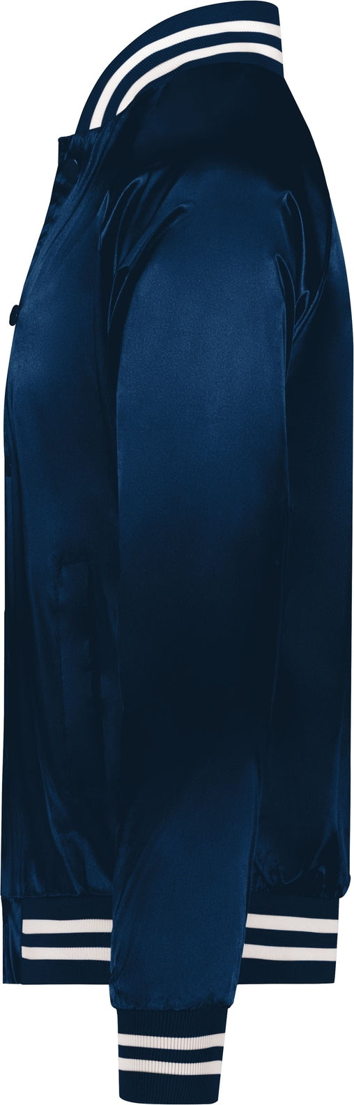 Left View of NAVY/WHITE SATIN BASEBALL JKT/STRIPED TRM