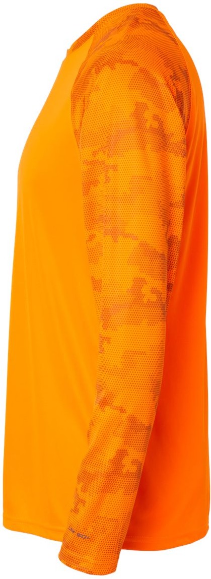 Left View of Neon Orange Cayman Performance Camo Colorblocked Long Sleeve T-Shirt - 216