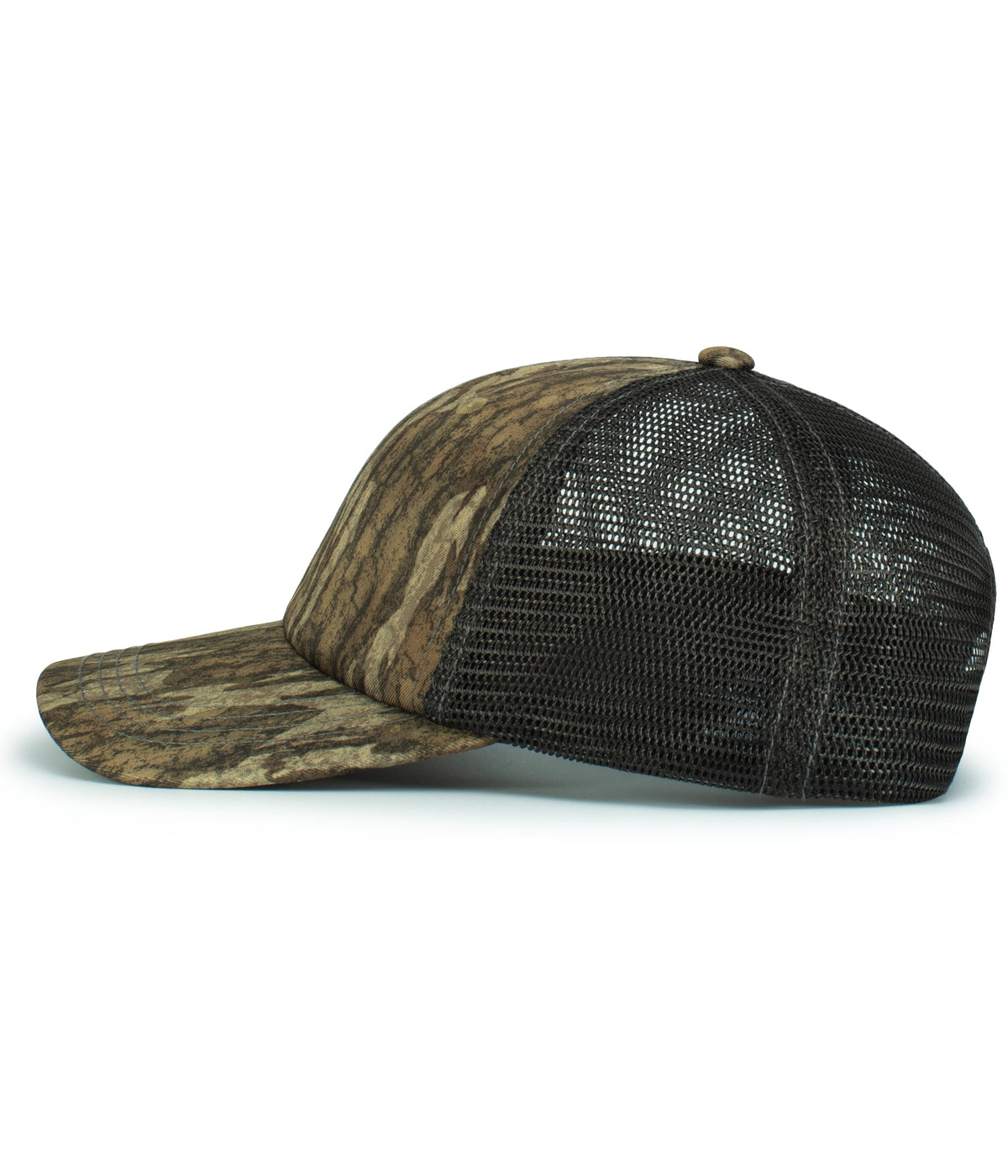 Left View of NEW BOTTOMLAND/LT CHARCOAL/NEW BOTTOMLAND VINTAGE MOSSY OAK TRUCKER