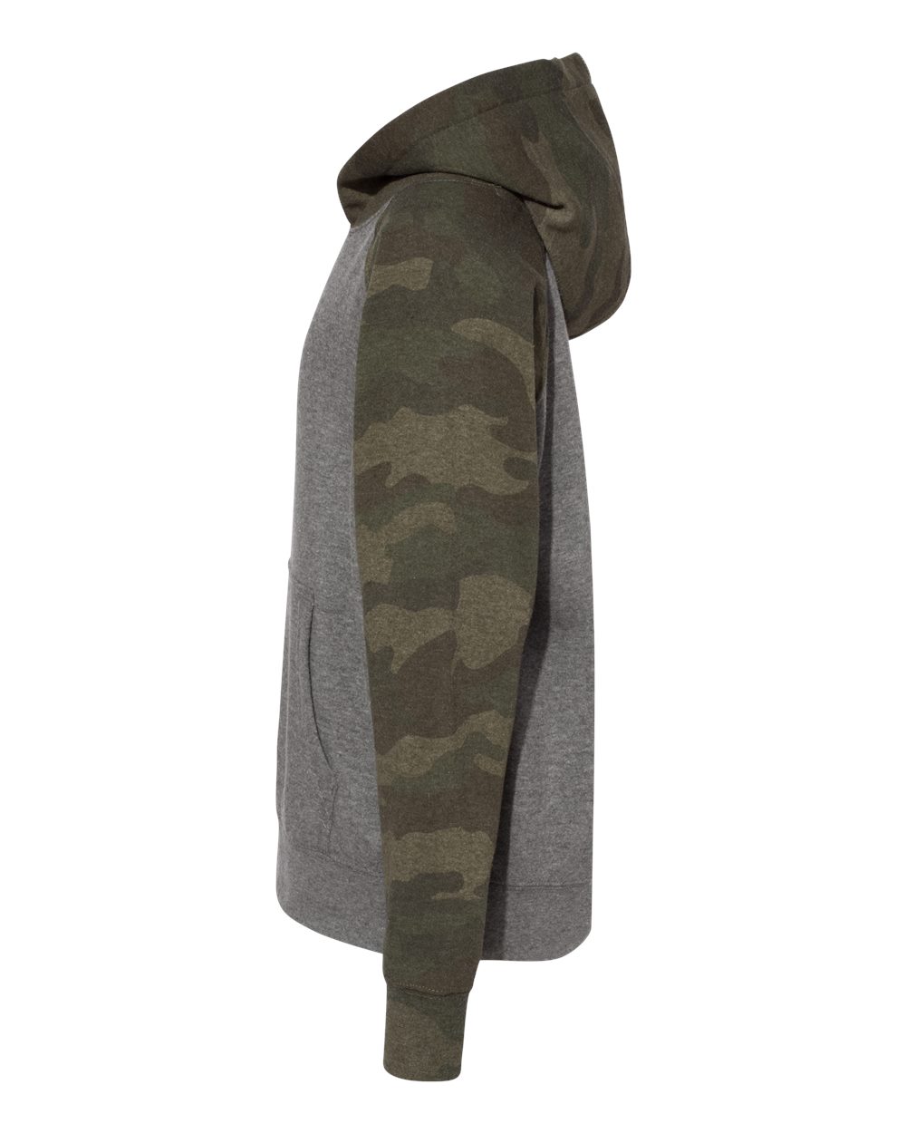 Left View of Nickel Heather/ Forest Camo Youth Lightweight Special Blend Raglan Hooded Sweatshirt - PRM15YSB