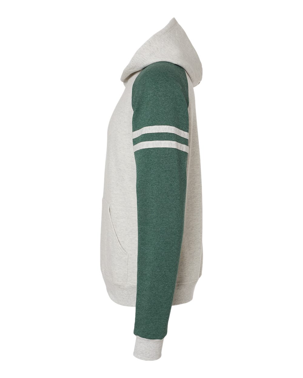 Left View of Oatmeal Heather/ Forest Green Heather Nublend® Varsity Colorblocked Raglan Hooded Sweatshirt - 97CR