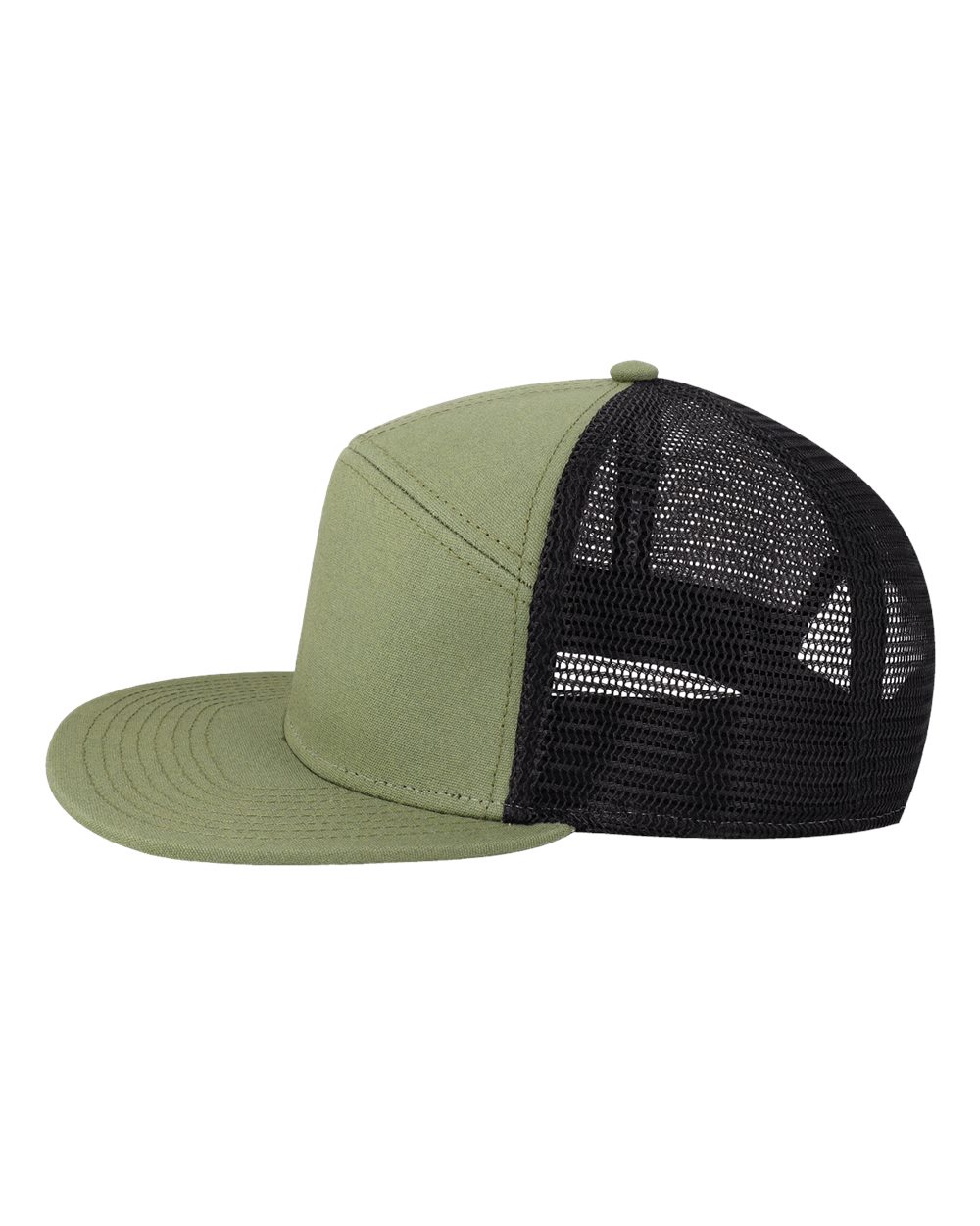 Left View of Olive/ Black Hopback Seven-Panel Trucker Cap - H7FB plain