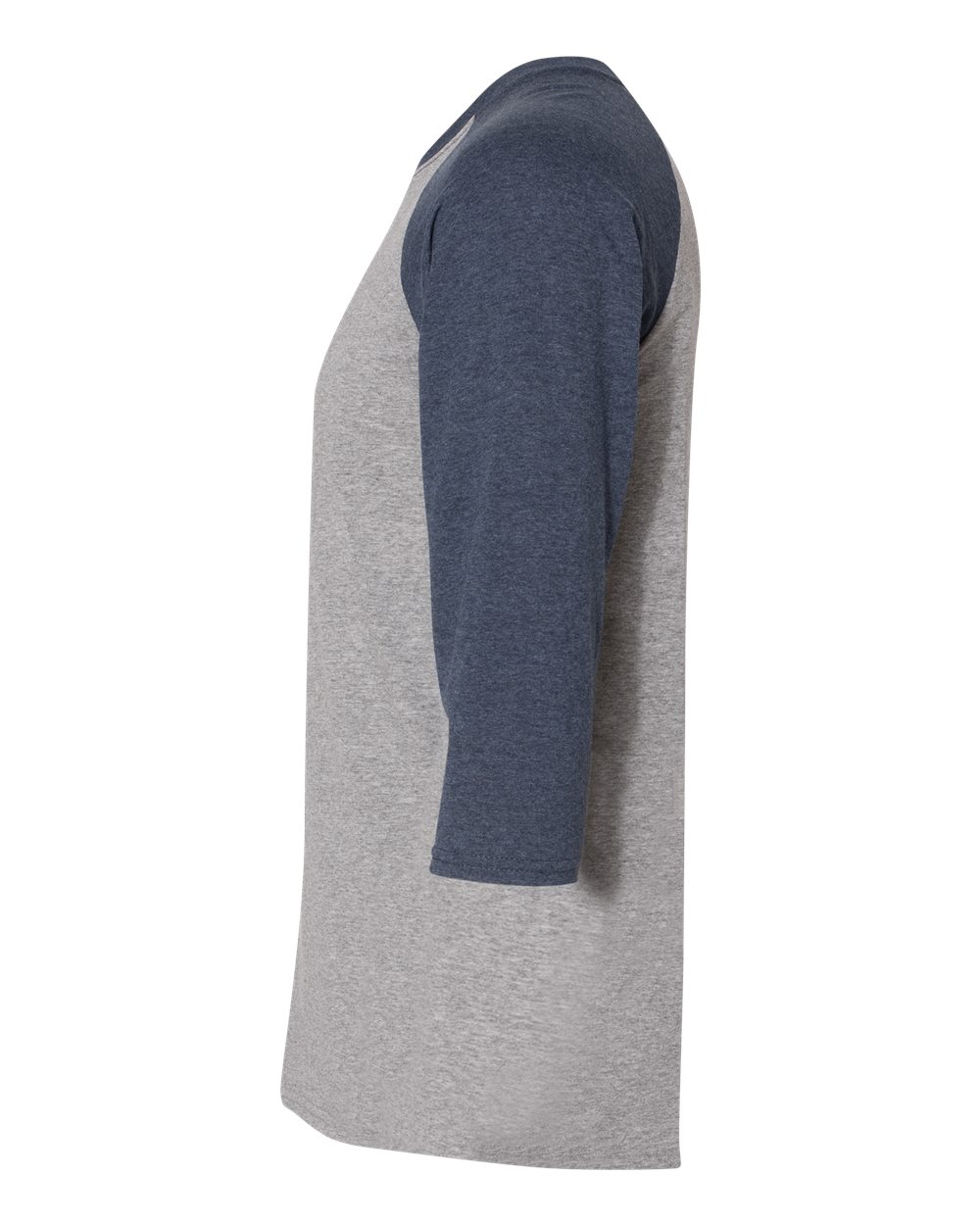 Left View of Oxford/ Indigo Heather Triblend Three-Quarter Raglan Baseball T-Shirt - 601RR