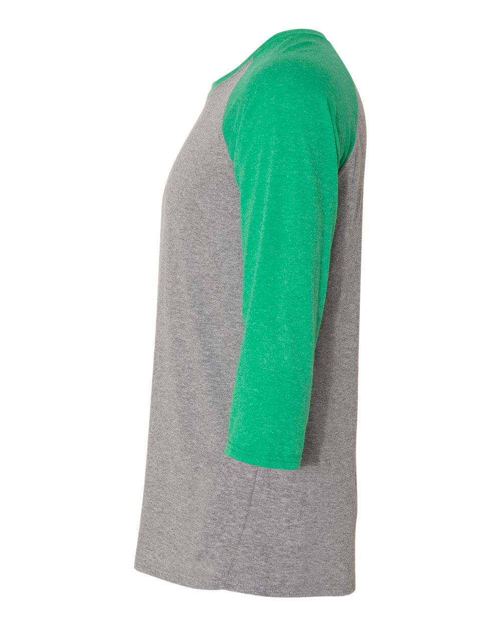 Left View of Oxford/ Irish Green Heather Triblend Three-Quarter Raglan Baseball T-Shirt - 601RR