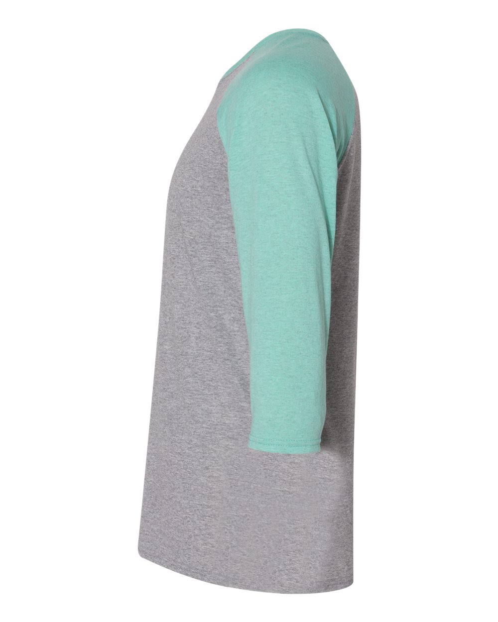 Left View of Oxford/ Mint Heather Triblend Three-Quarter Raglan Baseball T-Shirt - 601RR
