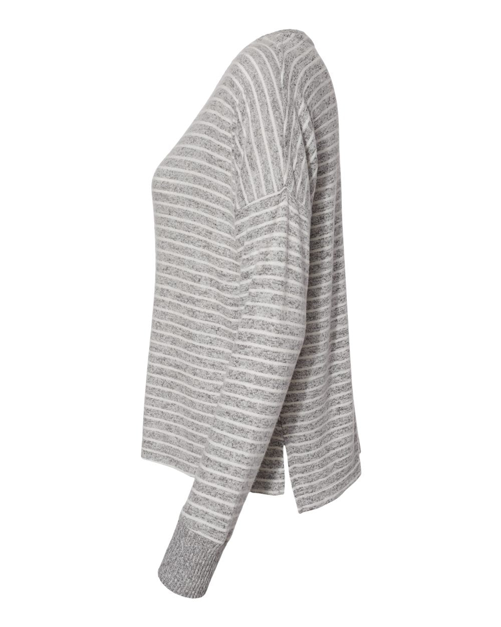 Left View of Oxford/ Natural Stripe Women&#39;s Cuddle Fleece Boxy Crewneck Pullover - L06