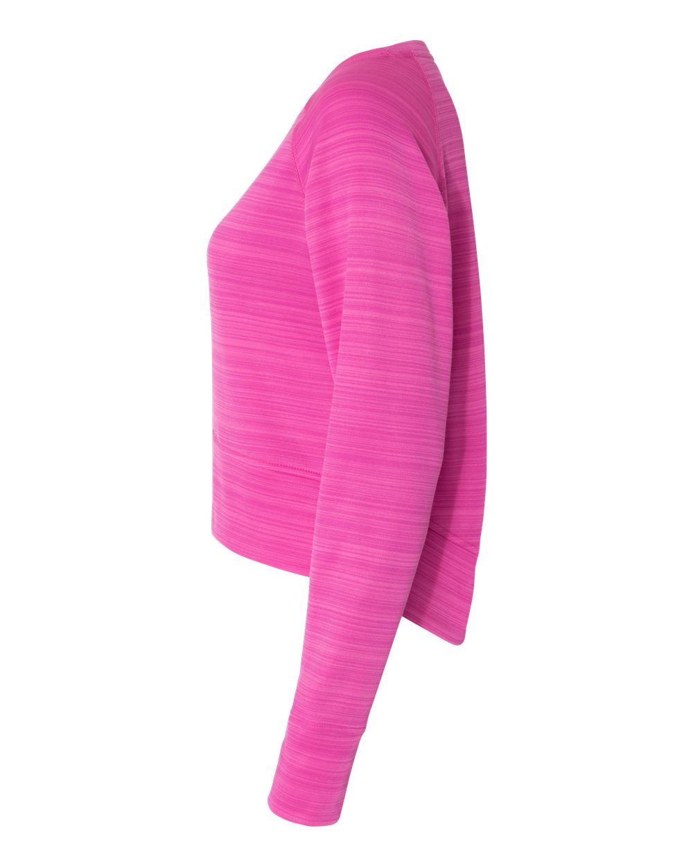 Left View of Passion Pink Stripe Women&#39;s Odyssey Striped Performance Fleece Hi-Low Crewneck Sweatshirt - 8663