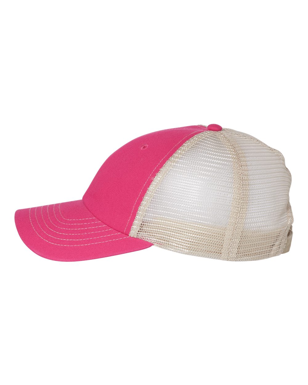 Left View of Pink/ Stone Contrast-Stitch Mesh-Back Cap - 3100