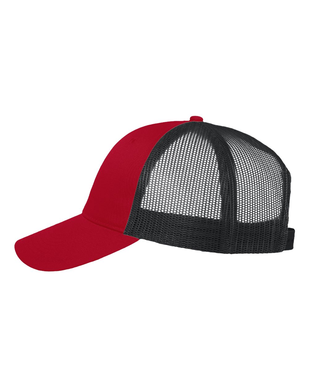 Left View of Red/ Black Mesh-Back Twill Trucker Cap - VC400