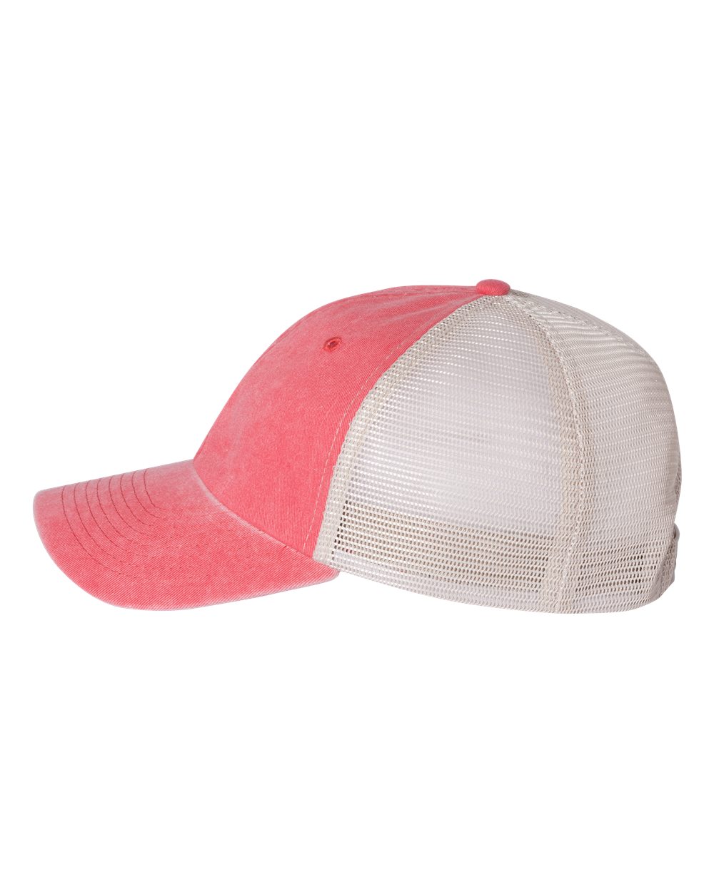 Left View of Red/ Stone Pigment-Dyed Trucker Cap - SP510