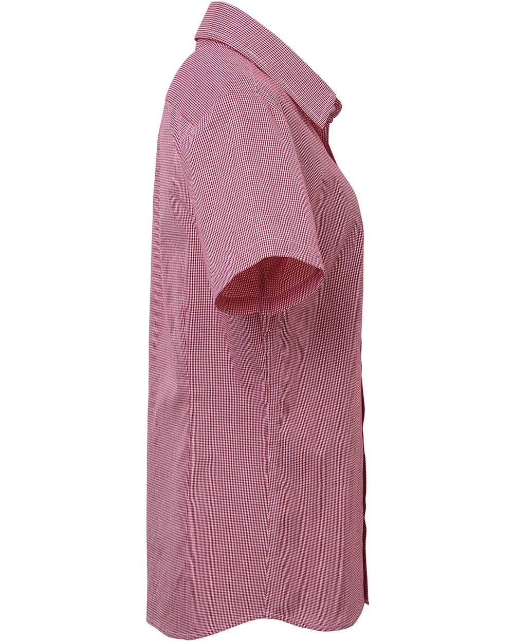 Rear View of Red/ White Women's Microcheck Gingham Short Sleeve Cotton Dress Shirt - RP321