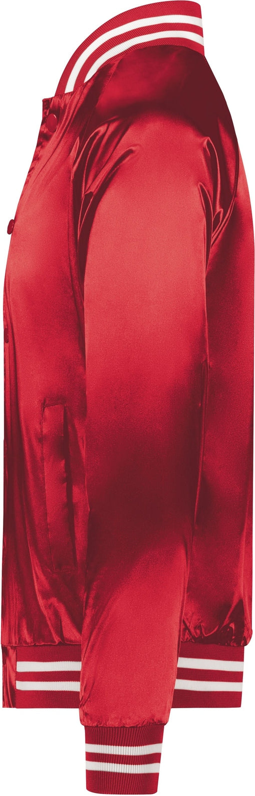 Left View of RED/WHITE SATIN BASEBALL JKT/STRIPED TRM