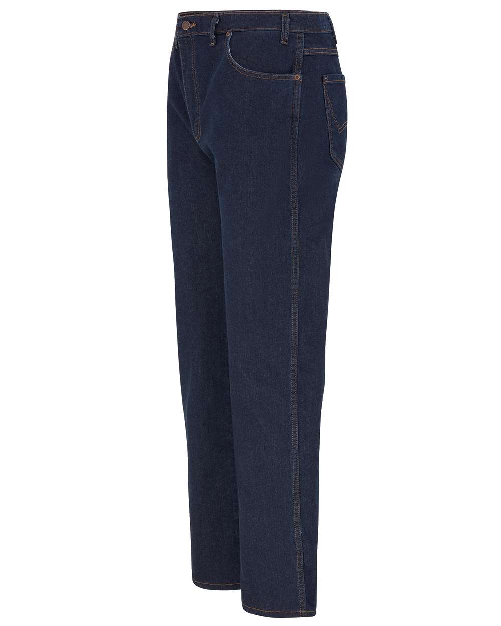 Left View of Rinsed Indigo Blue - 34I Industrial 5-Pocket Flex Jeans - Odd Sizes - LD21ODD