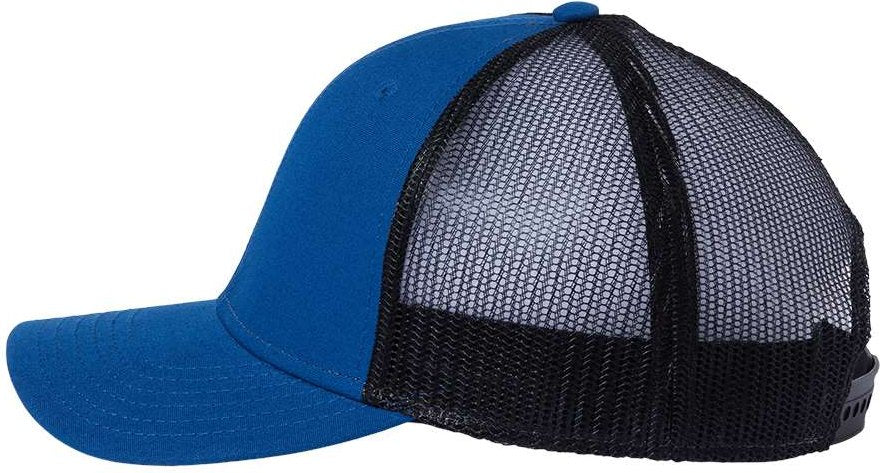Left View of Royal/ Black Sustainable Recy Three Trucker Cap - RETH
