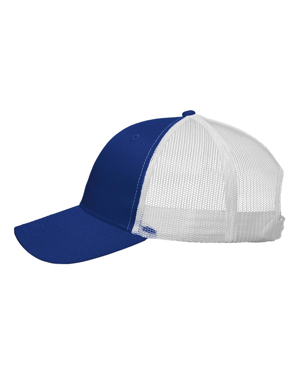 Left View of Royal/ White Mesh-Back Twill Trucker Cap - VC400