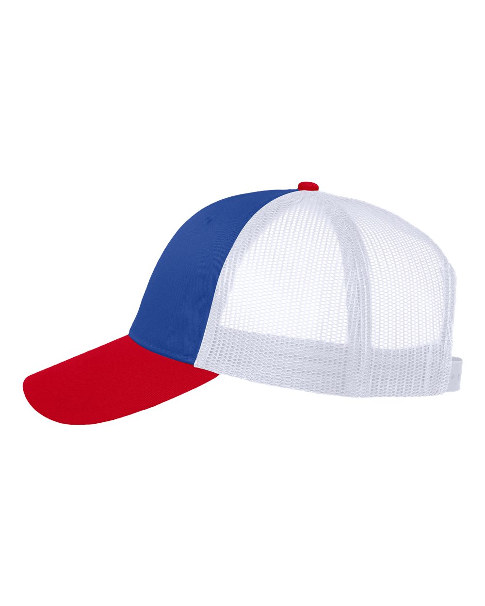 Left View of Royal/ White/ Red Mesh-Back Twill Trucker Cap - VC400