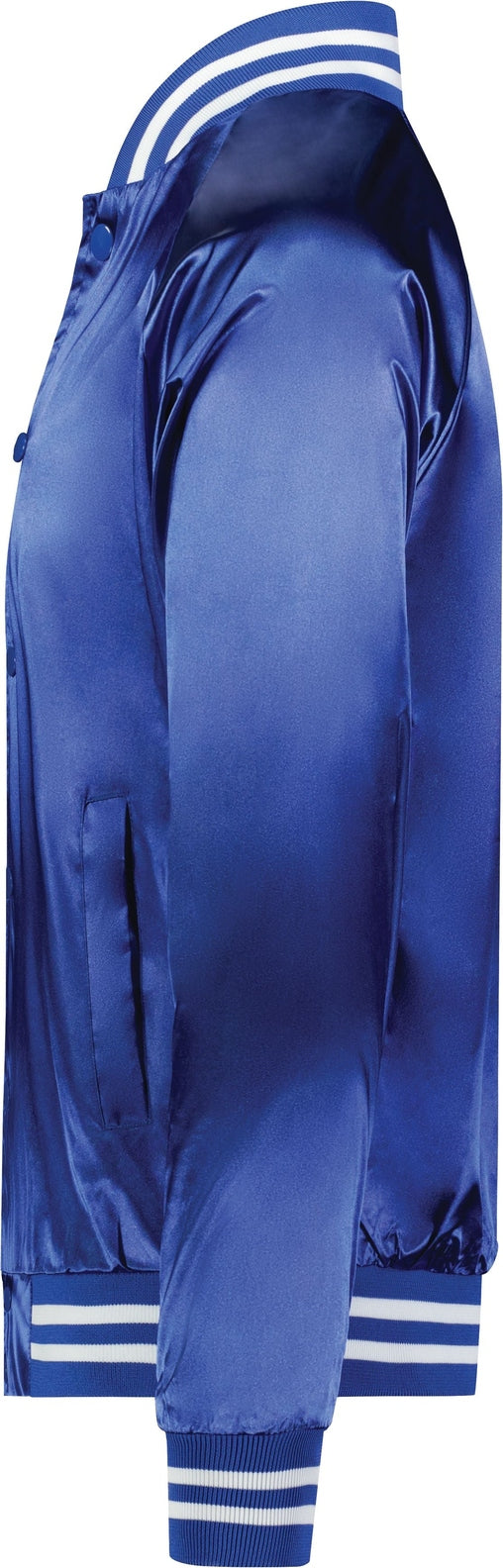 Left View of ROYAL/WHITE SATIN BASEBALL JKT/STRIPED TRM