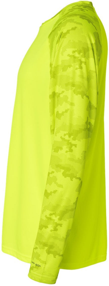 Left View of Safety Green Cayman Performance Camo Colorblocked Long Sleeve T-Shirt - 216