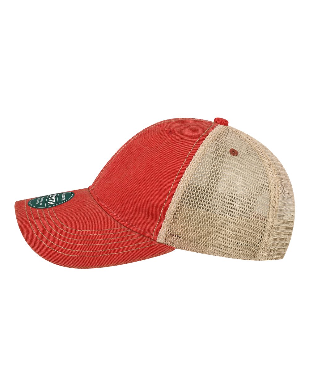 Left View of Scarlet Red/ Khaki Youth Old Favorite Trucker Cap - OFAY