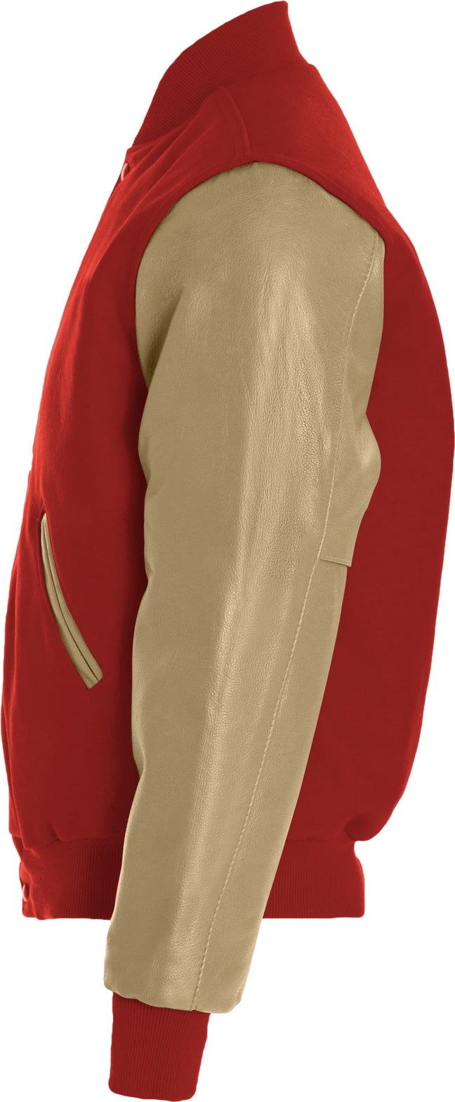 Left View of SCARLET/CREAM VARSITY WOOL JACKET