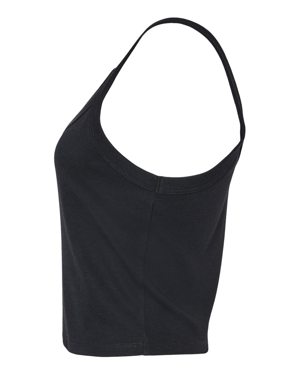 Left View of Solid Black Blend Women&#39;s Micro Rib Spaghetti Strap Tank - 1012