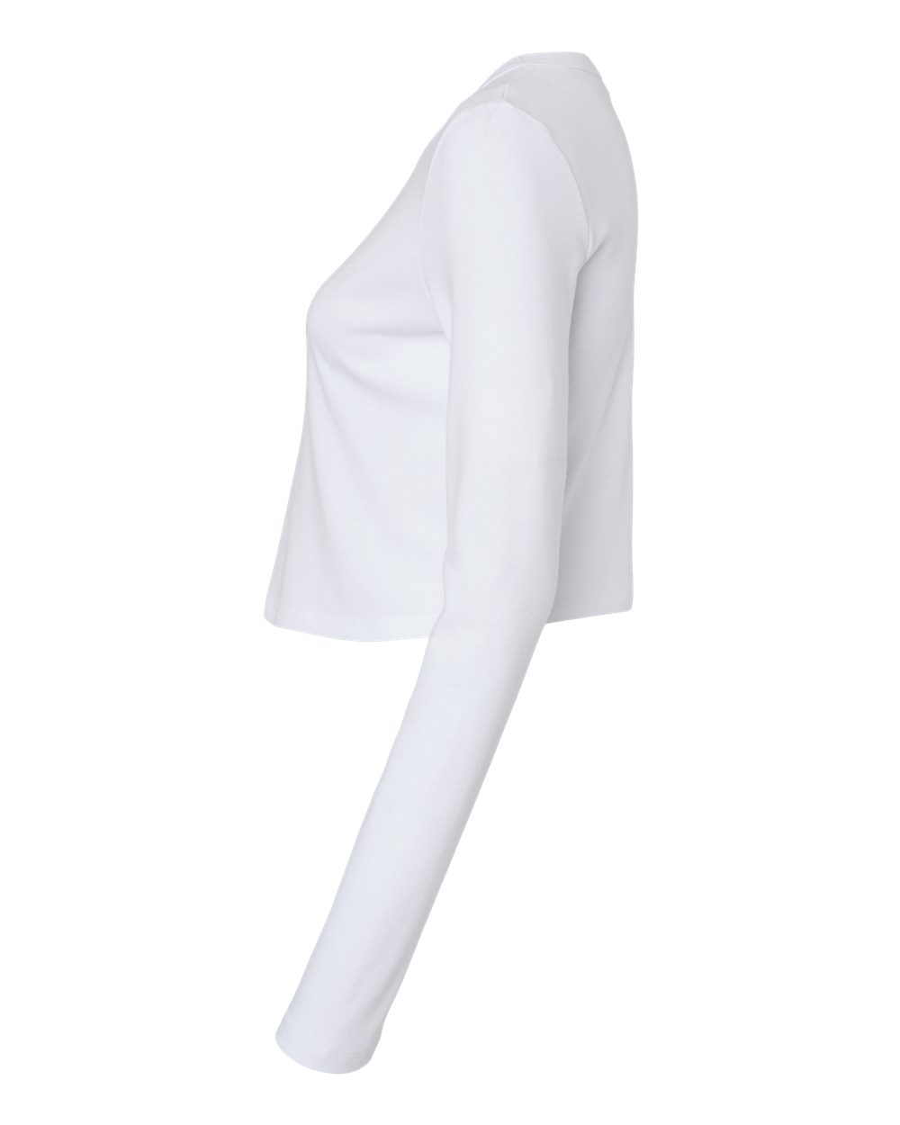 Left View of Solid White Blend Women's Micro Rib Long Sleeve Baby Tee - 1501