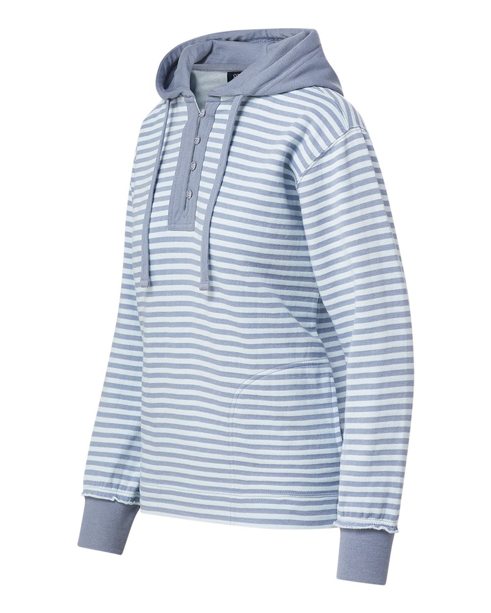 Left View of Stonewash/ Arctic Blue Stripe Women&#39;s Alina Henley Hooded Sweatshirt - W24128