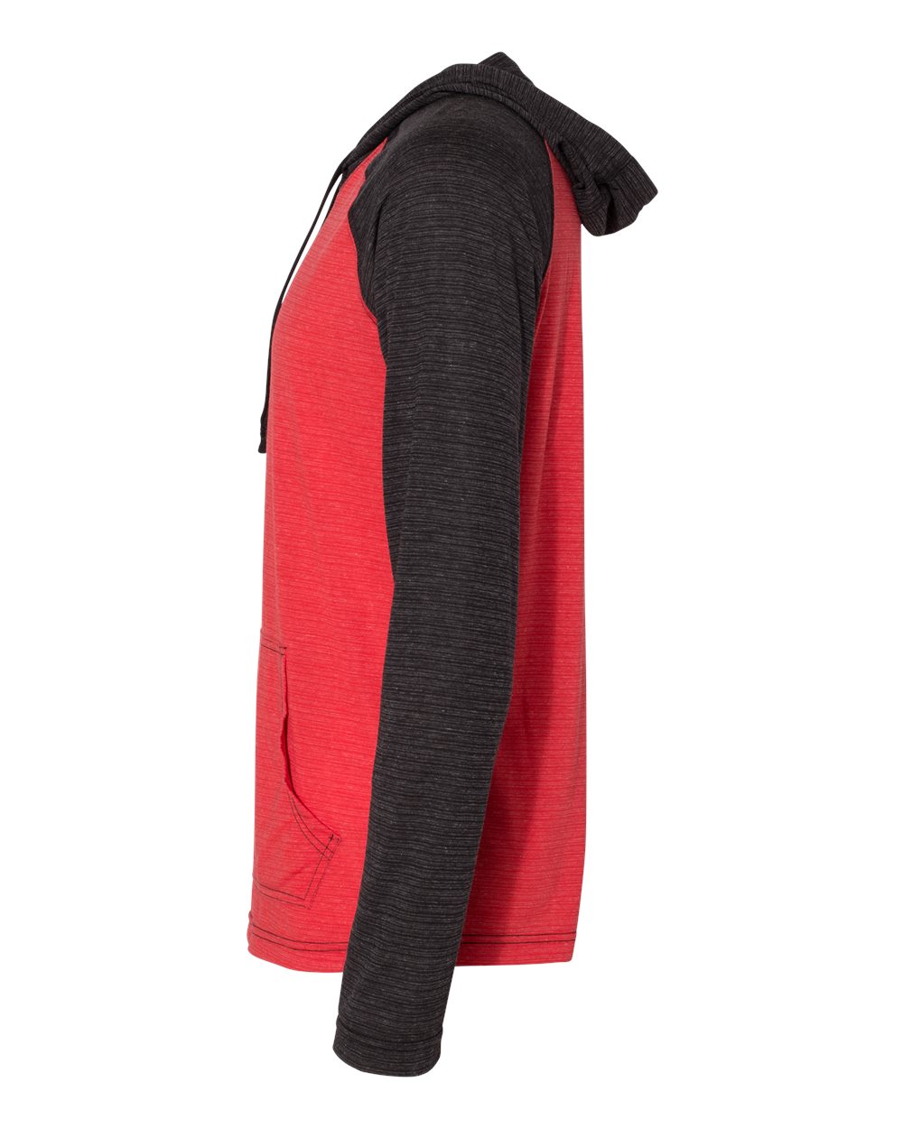 Left View of Striated Red/ Striated Black Yarn-Dyed Hooded Raglan T-Shirt - 8127