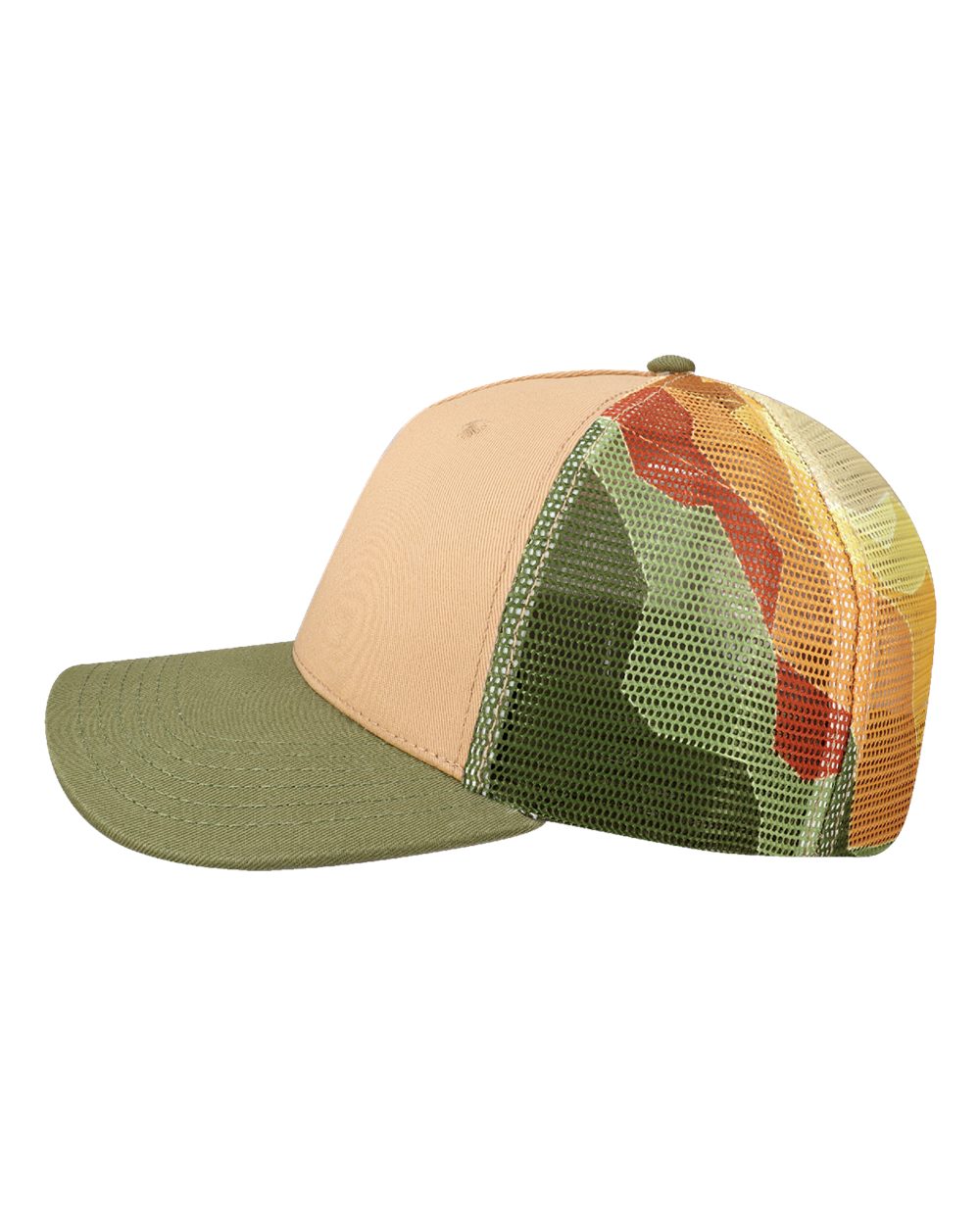 Left View of Tan/ Western Mountain/ Olive Green Plain Front Five-Panel Trucker Cap - 5PTKRS