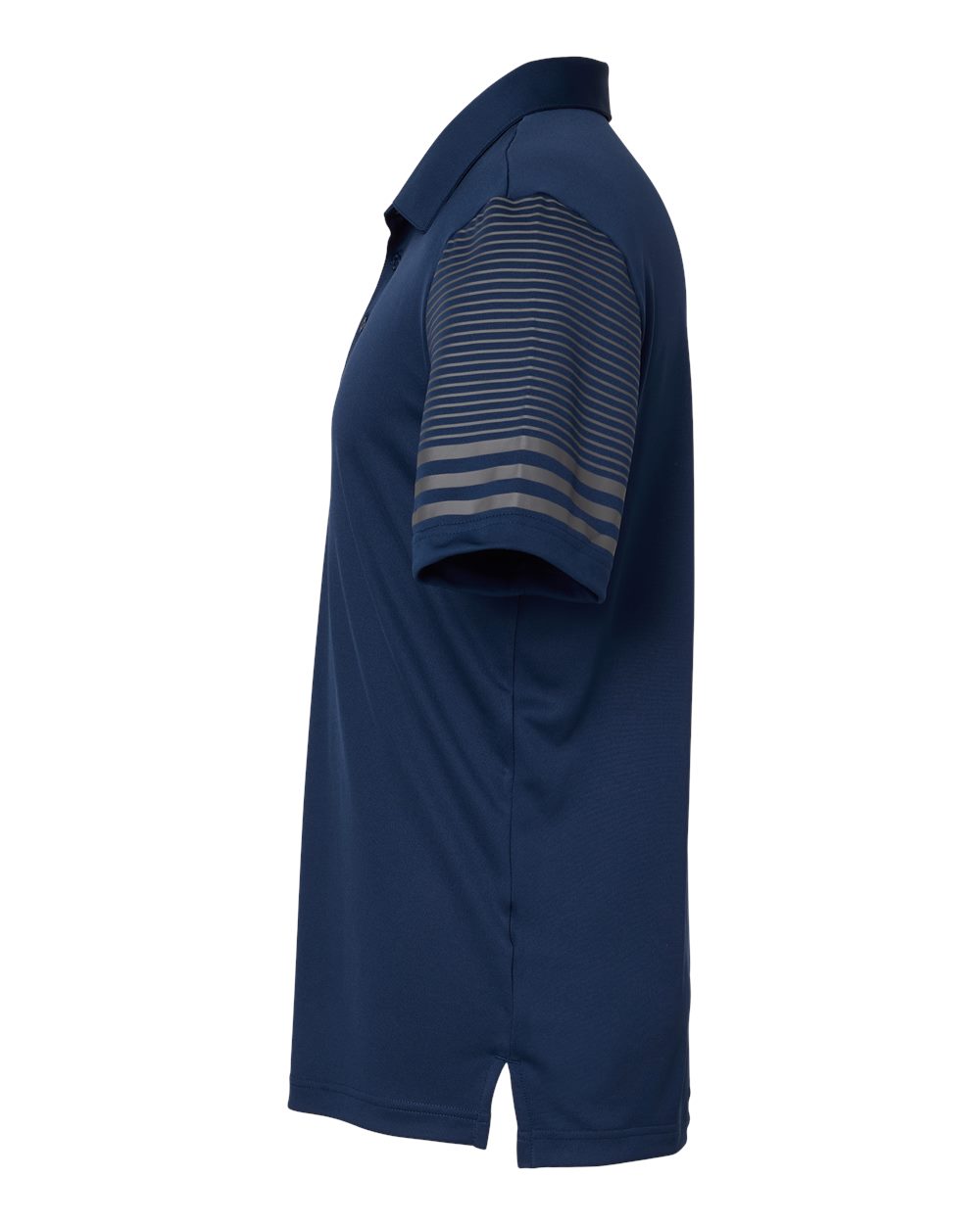 Left View of Team Navy Blue/ Grey Five Striped Sleeve Polo - A490