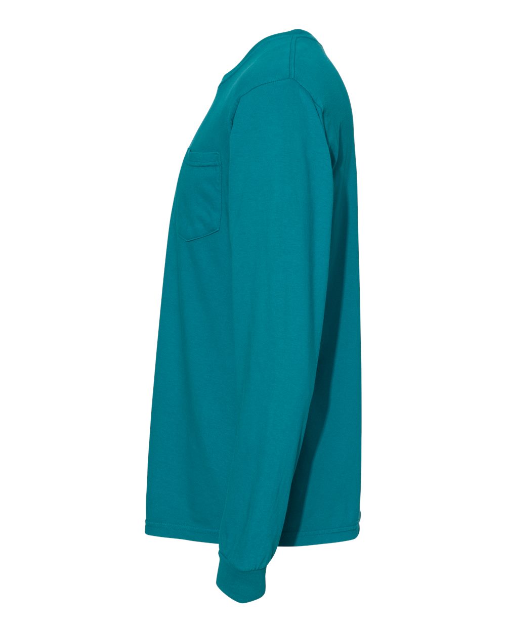 Left View of Topaz Blue Garment-Dyed Heavyweight Long Sleeve Pocket T-Shirt - 4410