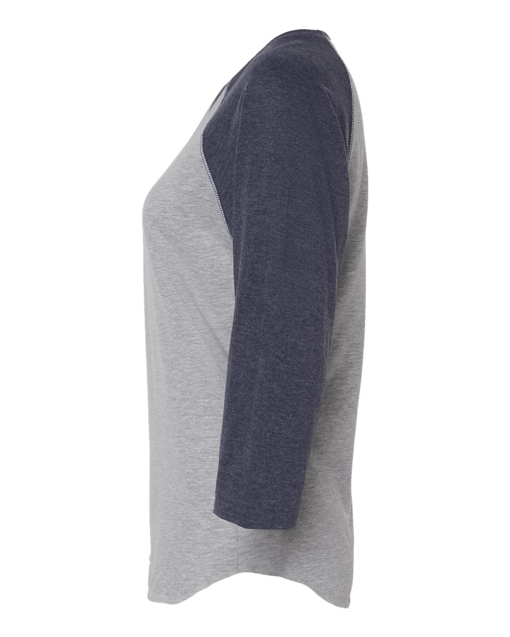 Left View of Vintage Heather/ Vintage Navy Women's Baseball Fine Jersey Three-Quarter Sleeve Tee - 3530